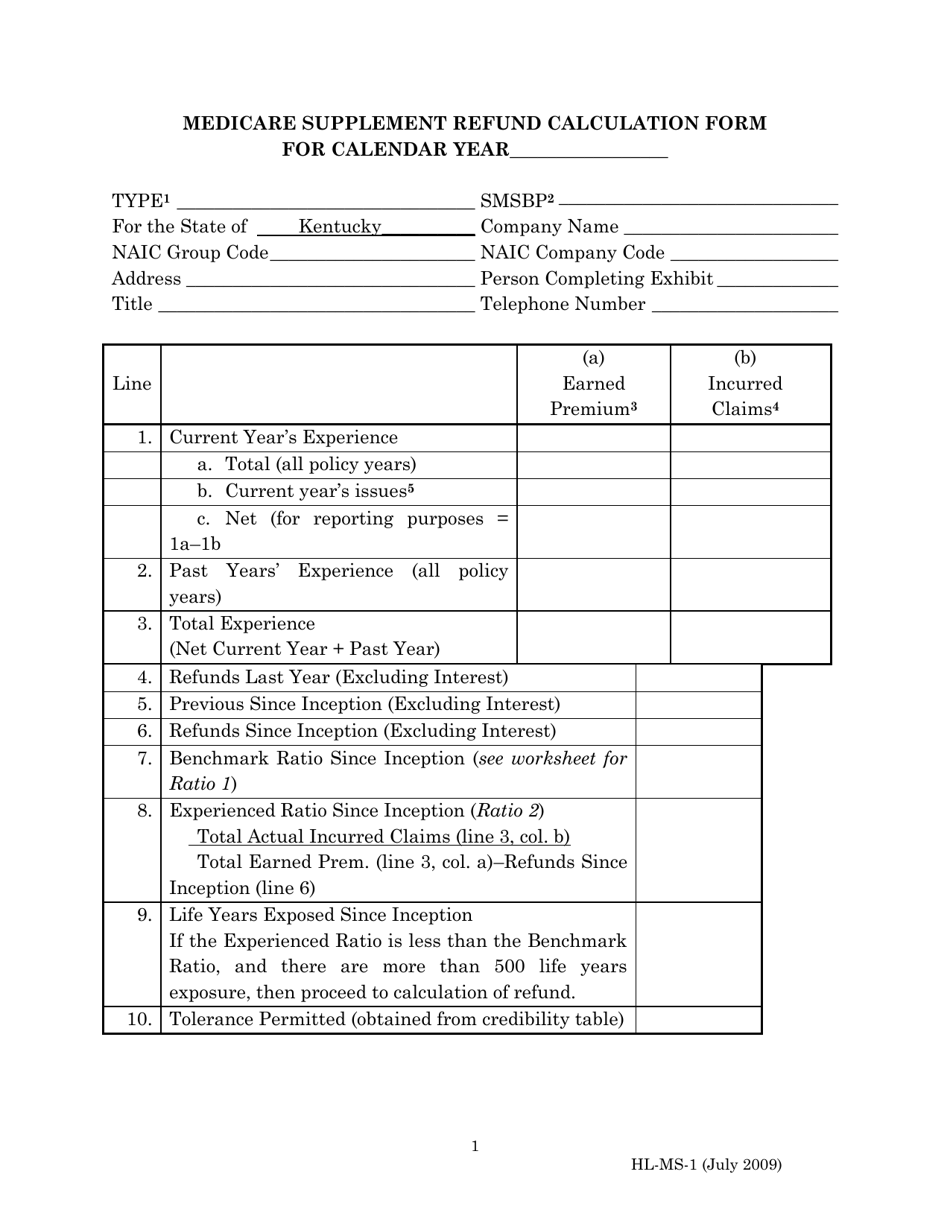 Form HL-MS-1 Medicare Supplement Refund Calculation Form - Kentucky, Page 1