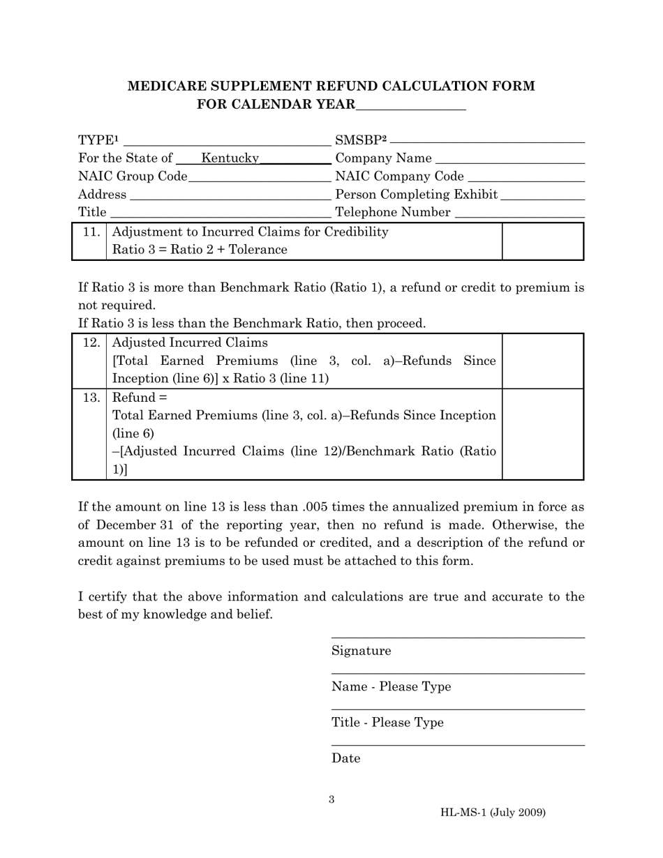 Form HL-MS-1 Medicare Supplement Refund Calculation Form - Kentucky, Page 3