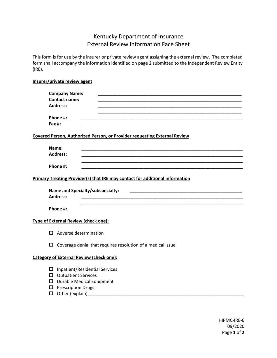 Form HIPMC-IRE-6 External Review Information Face Sheet - Kentucky, Page 1