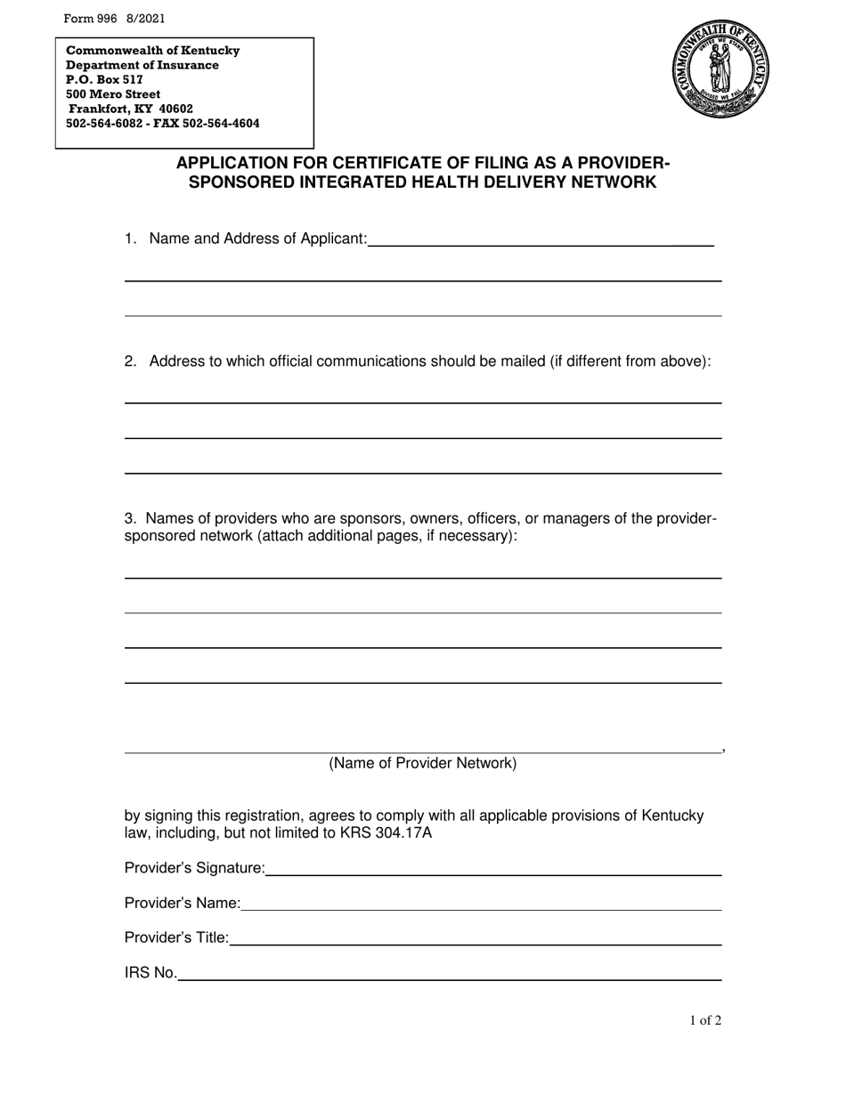 Form 996 Application for Certificate of Filing as a Provider-Sponsored Integrated Health Delivery Network - Kentucky, Page 1