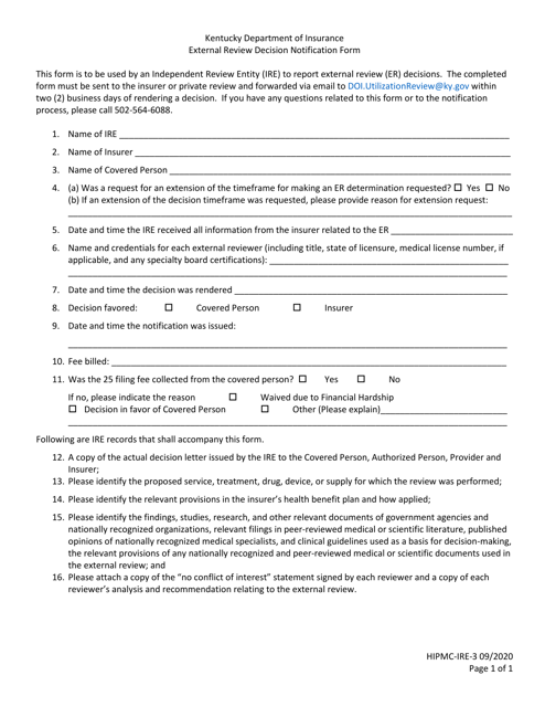 Form HIPMC-IRE-3 External Review Decision Notification Form - Kentucky