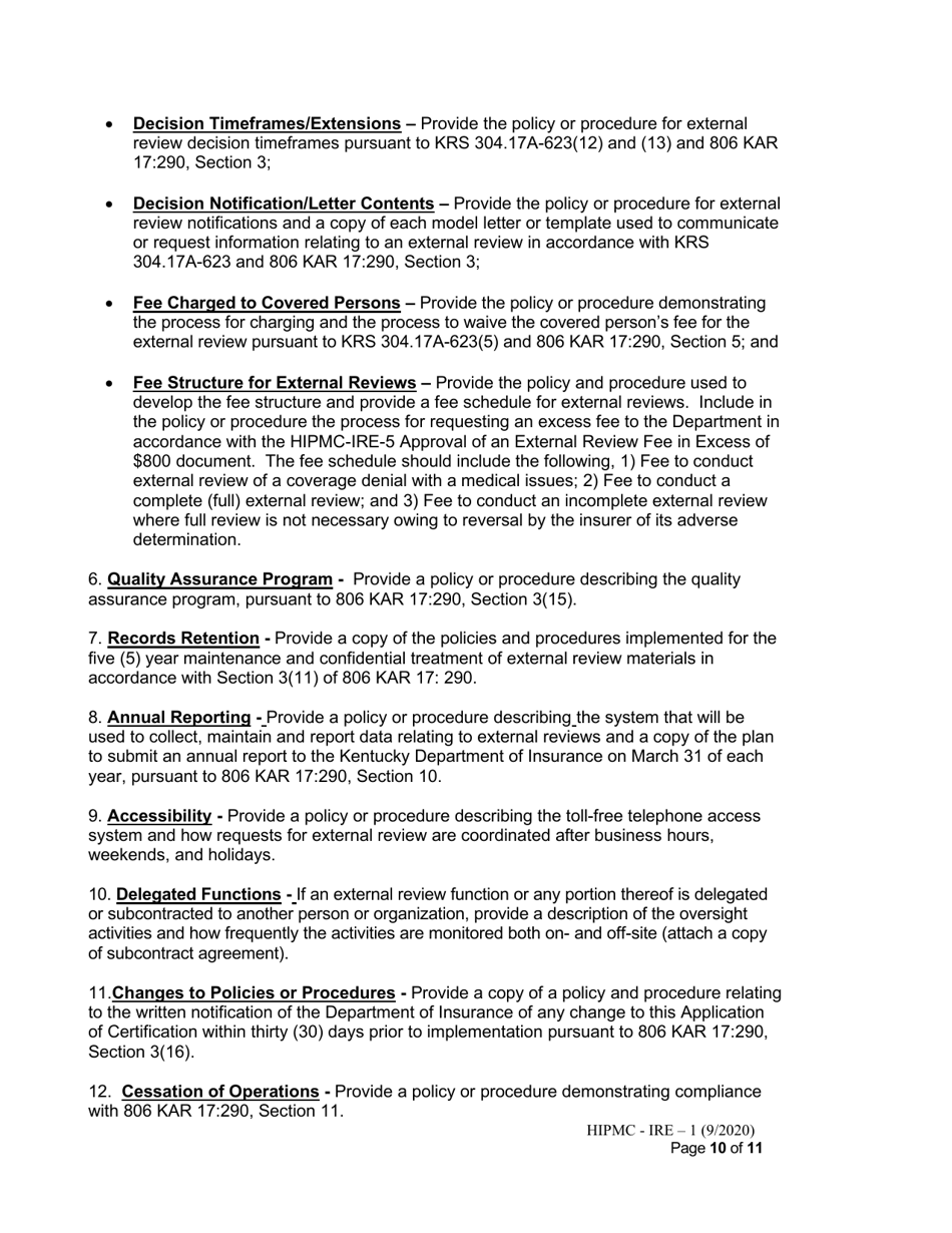 Form HIPMC-IRE-1 Application for Certification of an Independent Review Entity - Kentucky, Page 10