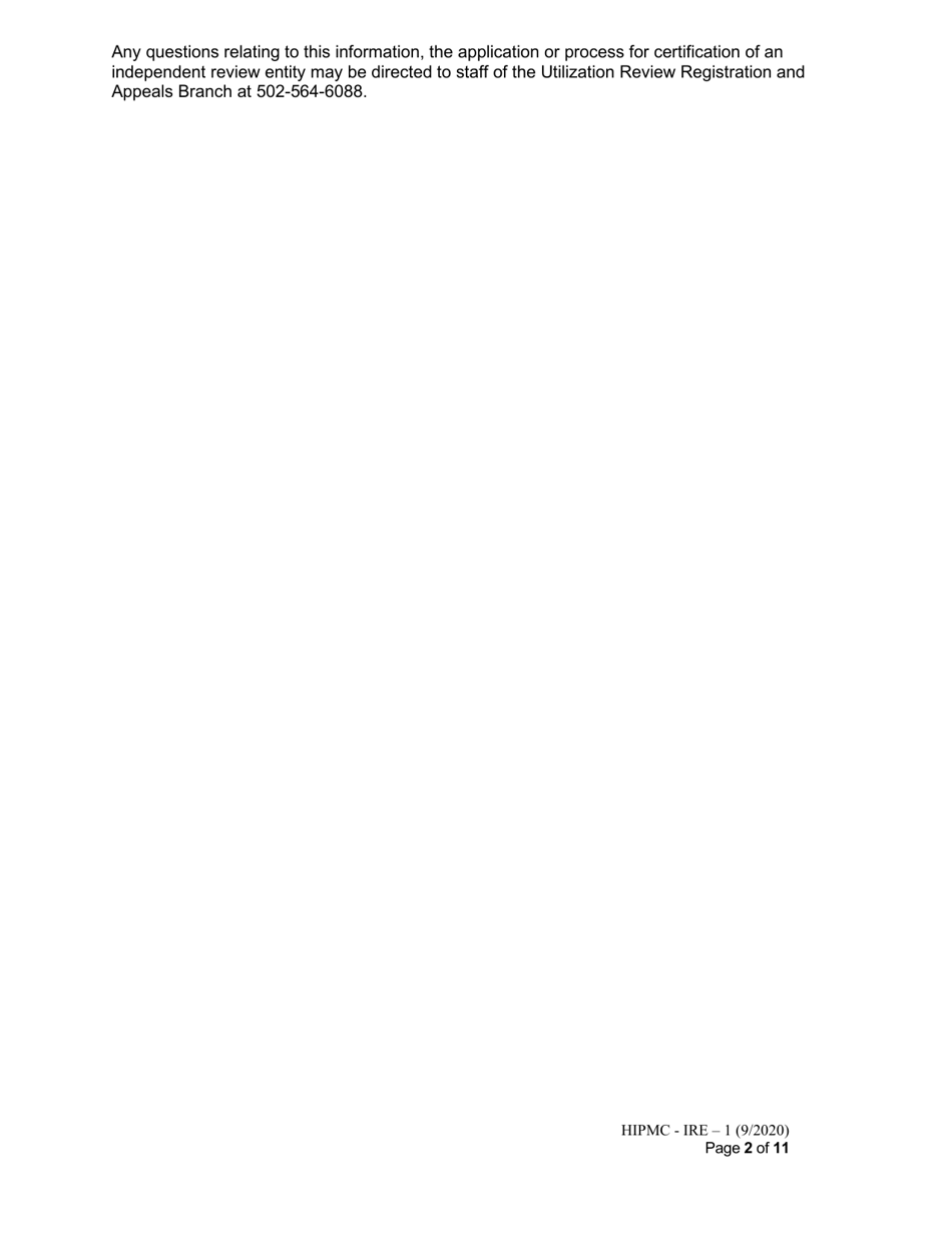 Form HIPMC-IRE-1 Application for Certification of an Independent Review Entity - Kentucky, Page 2