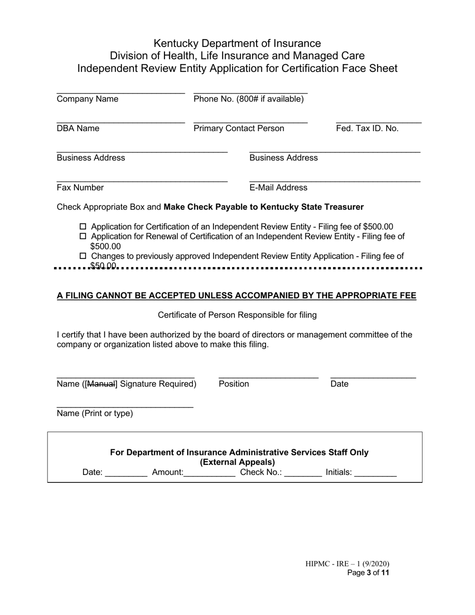 Form HIPMC-IRE-1 Application for Certification of an Independent Review Entity - Kentucky, Page 3
