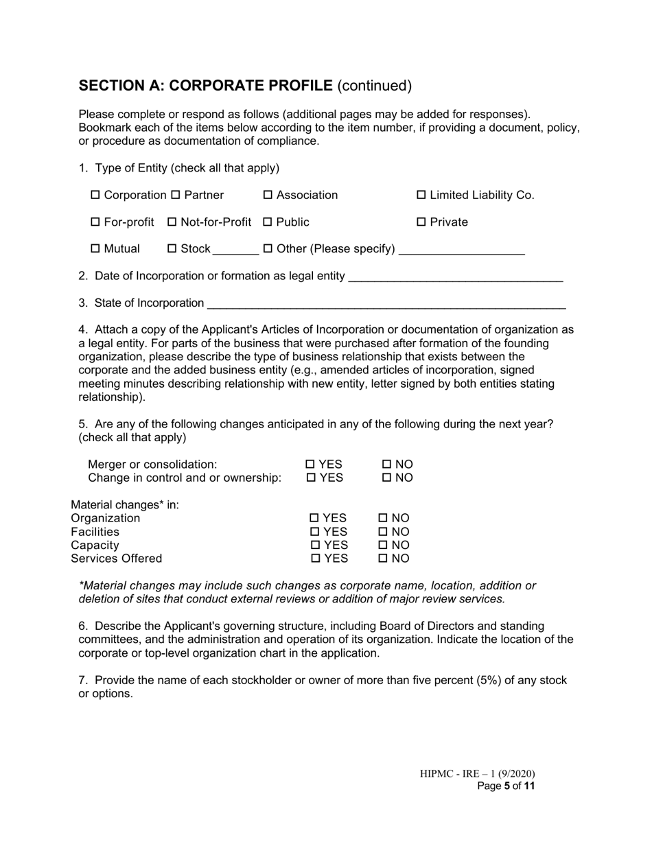 Form HIPMC-IRE-1 Application for Certification of an Independent Review Entity - Kentucky, Page 5