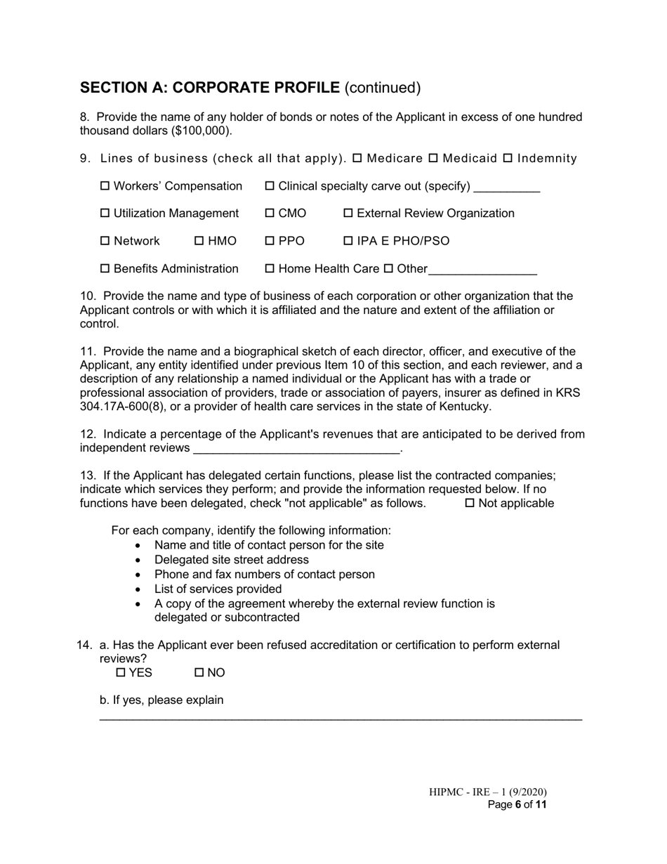 Form HIPMC-IRE-1 Application for Certification of an Independent Review Entity - Kentucky, Page 6