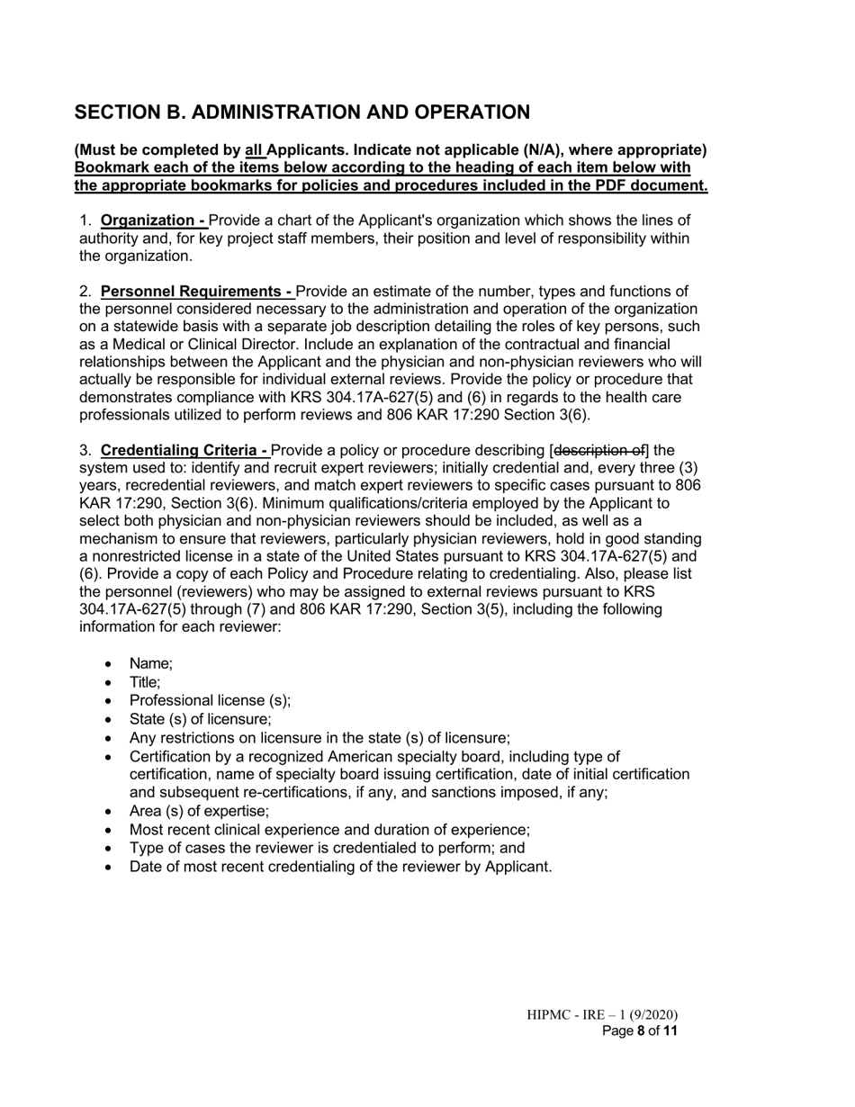 Form HIPMC-IRE-1 Application for Certification of an Independent Review Entity - Kentucky, Page 8