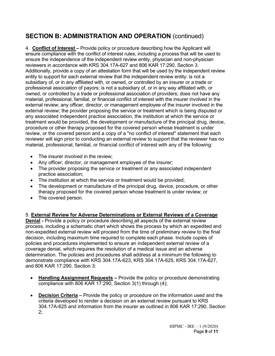 Form HIPMC-IRE-1 Application for Certification of an Independent Review Entity - Kentucky, Page 9