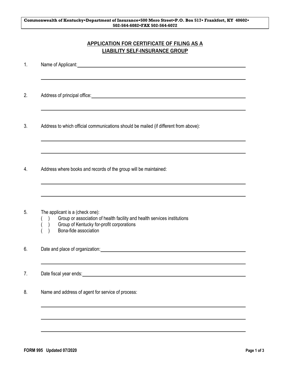 Form 995 Application for Certificate of Filing as a Liability Self-insurance Group - Kentucky, Page 1