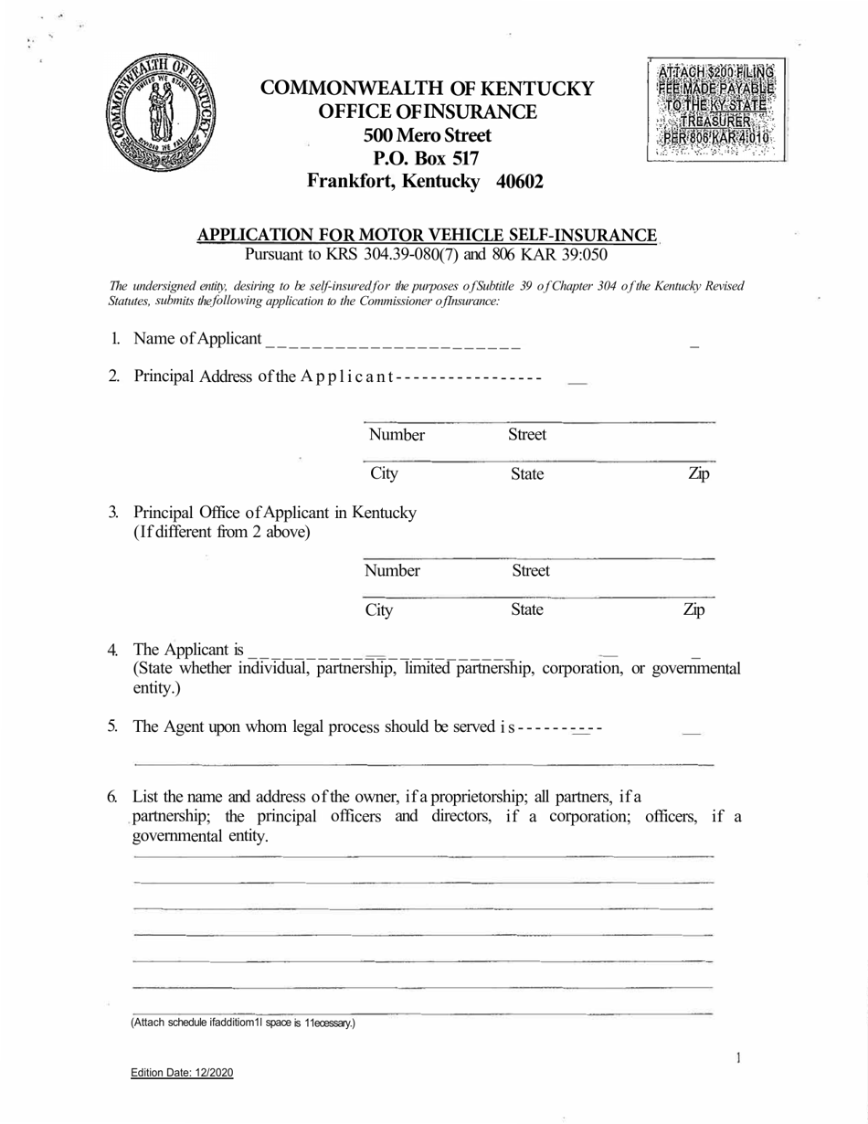 Application for Motor Vehicle Self-insurance - Kentucky, Page 1