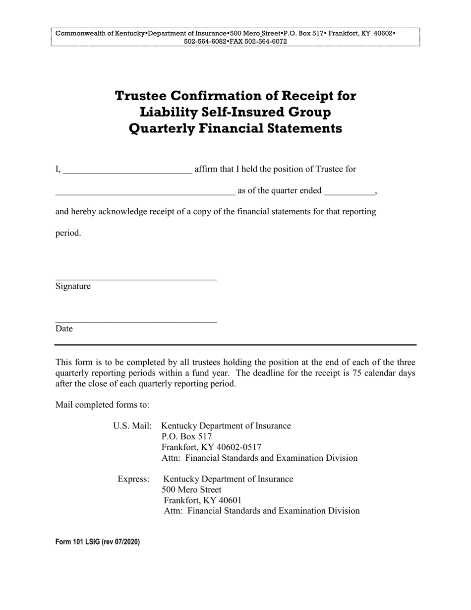 Form 101 LSIG Trustee Confirmation of Receipt for Liability Self-insured Group Quarterly Financial Statements - Kentucky, Page 1