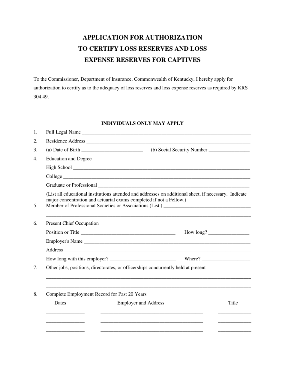 Form CI110 Application for Authorization to Certify Loss Reserves and Loss Expense Reserves for Captives - Kentucky, Page 1