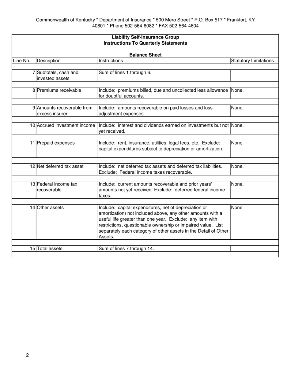 Liability Self-insurance Group Quarterly Statement - Kentucky, Page 2