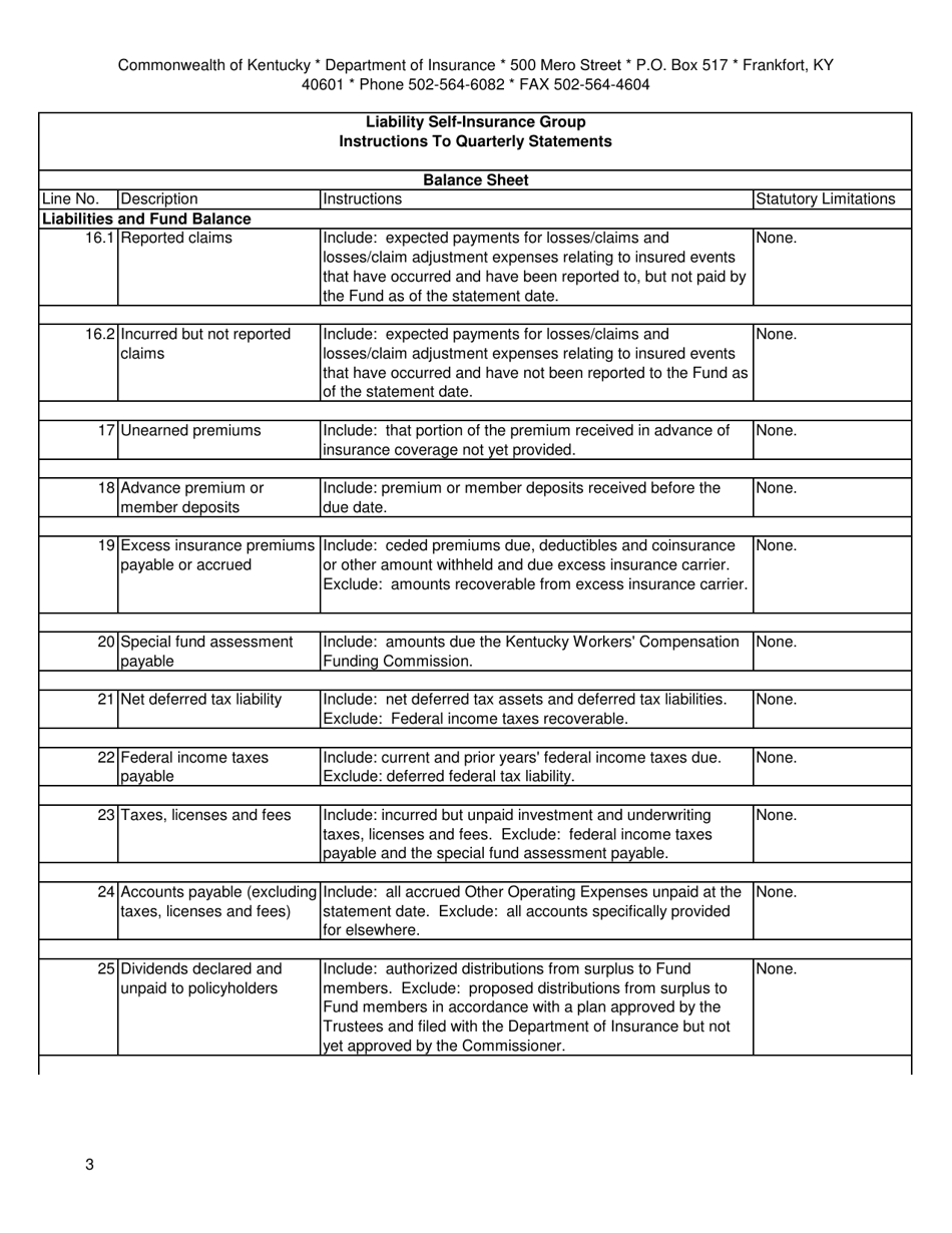 Liability Self-insurance Group Quarterly Statement - Kentucky, Page 3