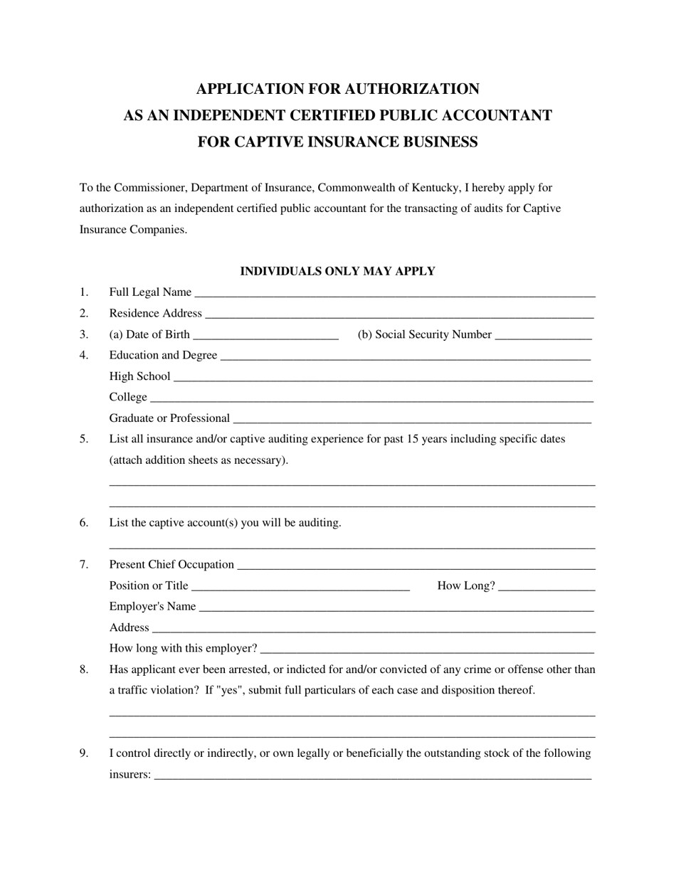Form CI120 Application for Authorization as an Independent Certified Public Accountant for Captive Insurance Business - Kentucky, Page 1