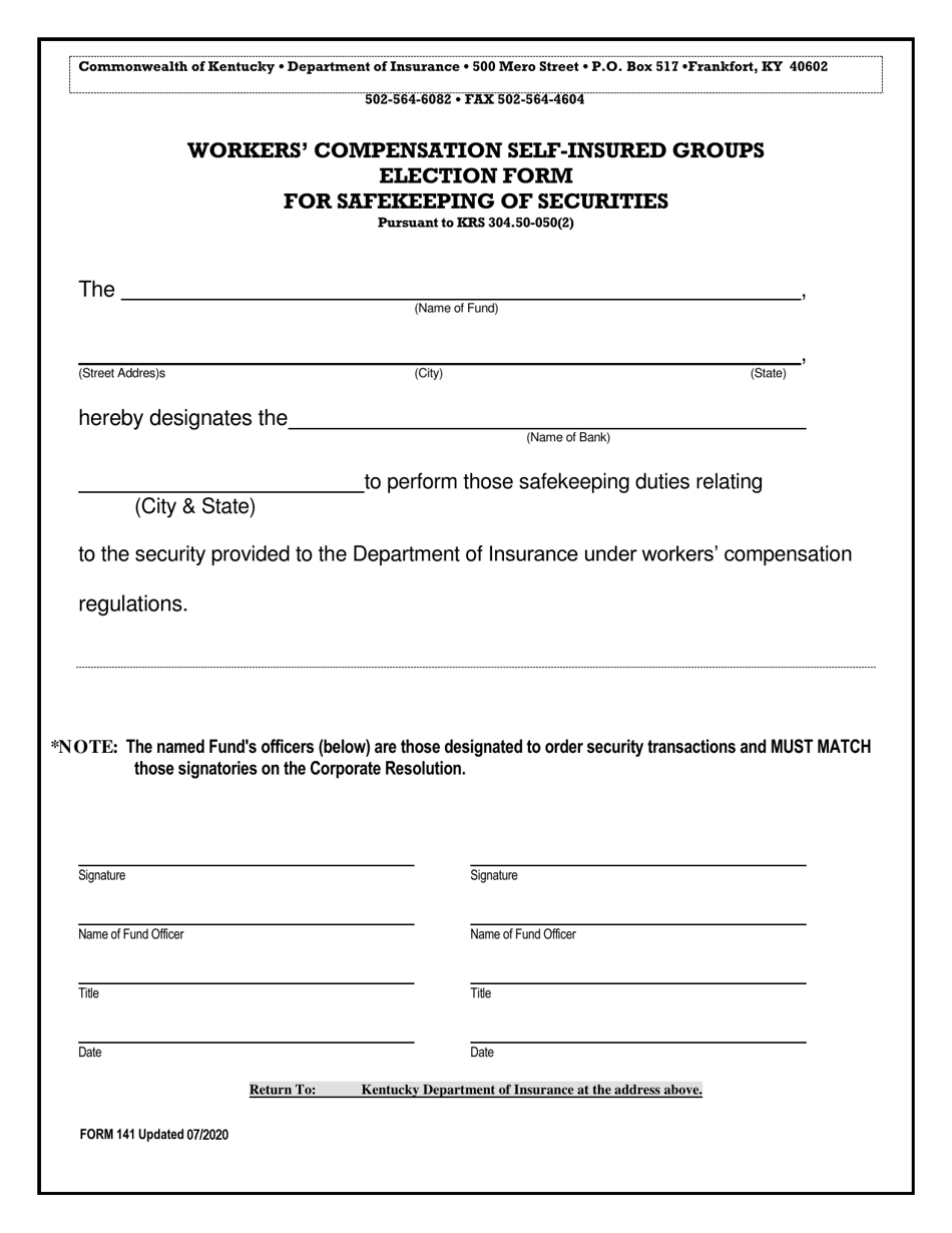 Form 141 Workers Compensation Self-insured Groups Election Form for Safekeeping of Securities - Kentucky, Page 1