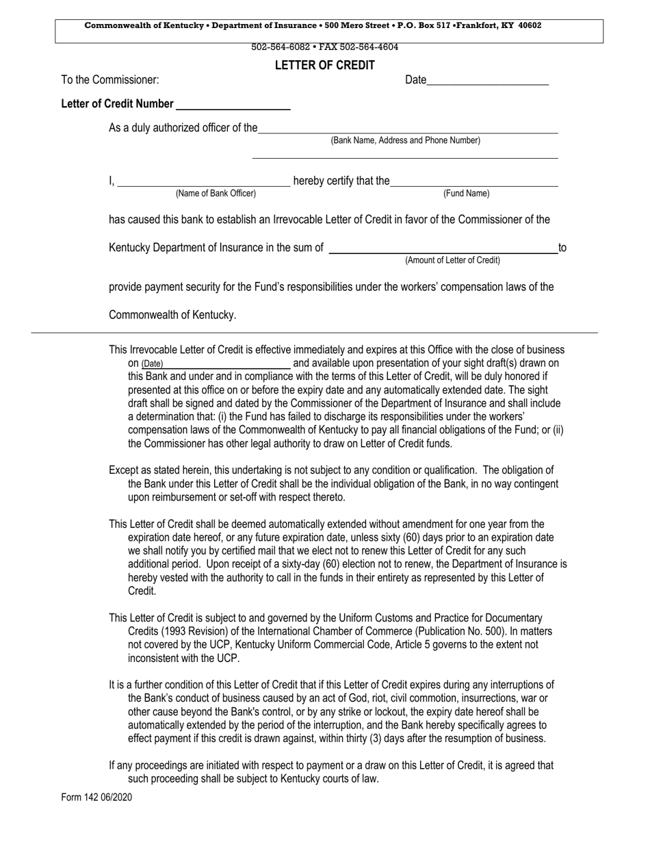 Form 142 Letter of Credit - Kentucky, Page 1
