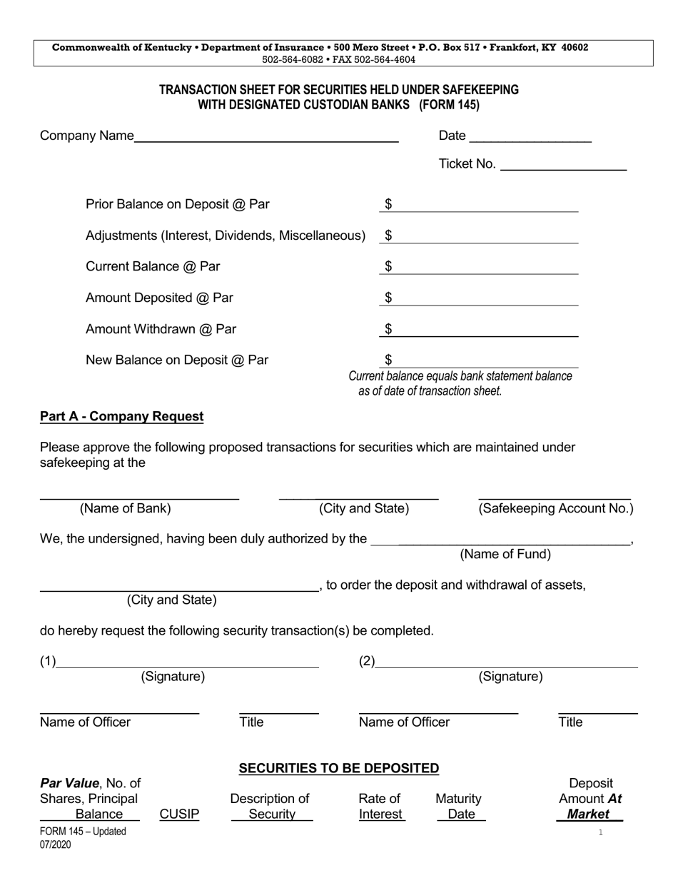 Form 145 Transaction Sheet for Securities Held Under Safekeeping With Designated Custodian Banks - Kentucky, Page 1