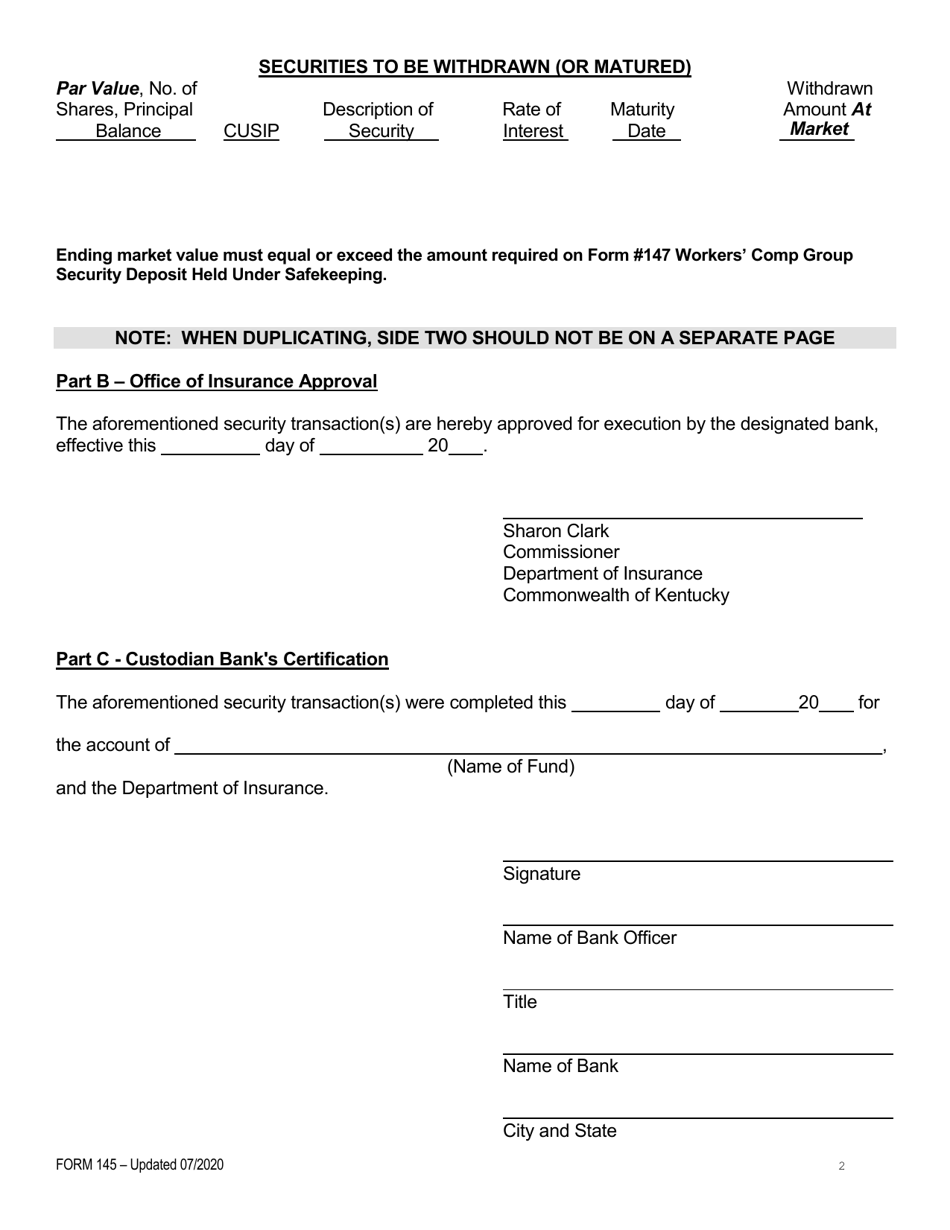 Form 145 Transaction Sheet for Securities Held Under Safekeeping With Designated Custodian Banks - Kentucky, Page 2