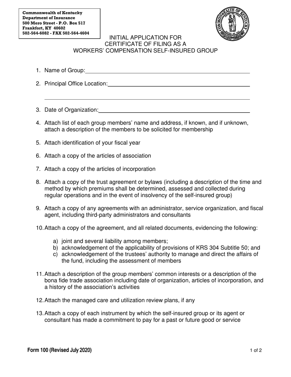 Form 100 Initial Application for Certificate of Filing as a Workers Compensation Self-insured Group - Kentucky, Page 1