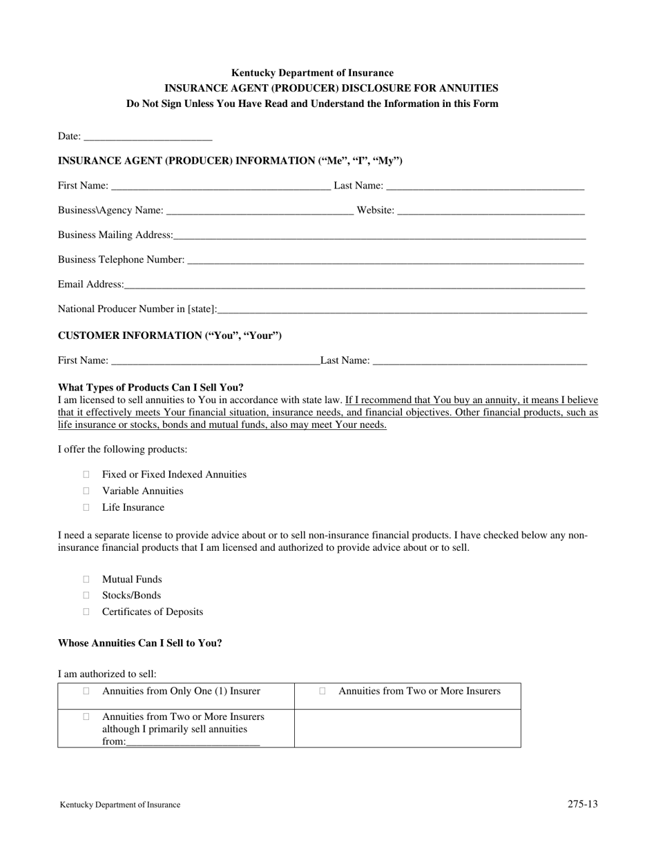 Kentucky Insurance Agent (Producer) Disclosure for Annuities Fill Out