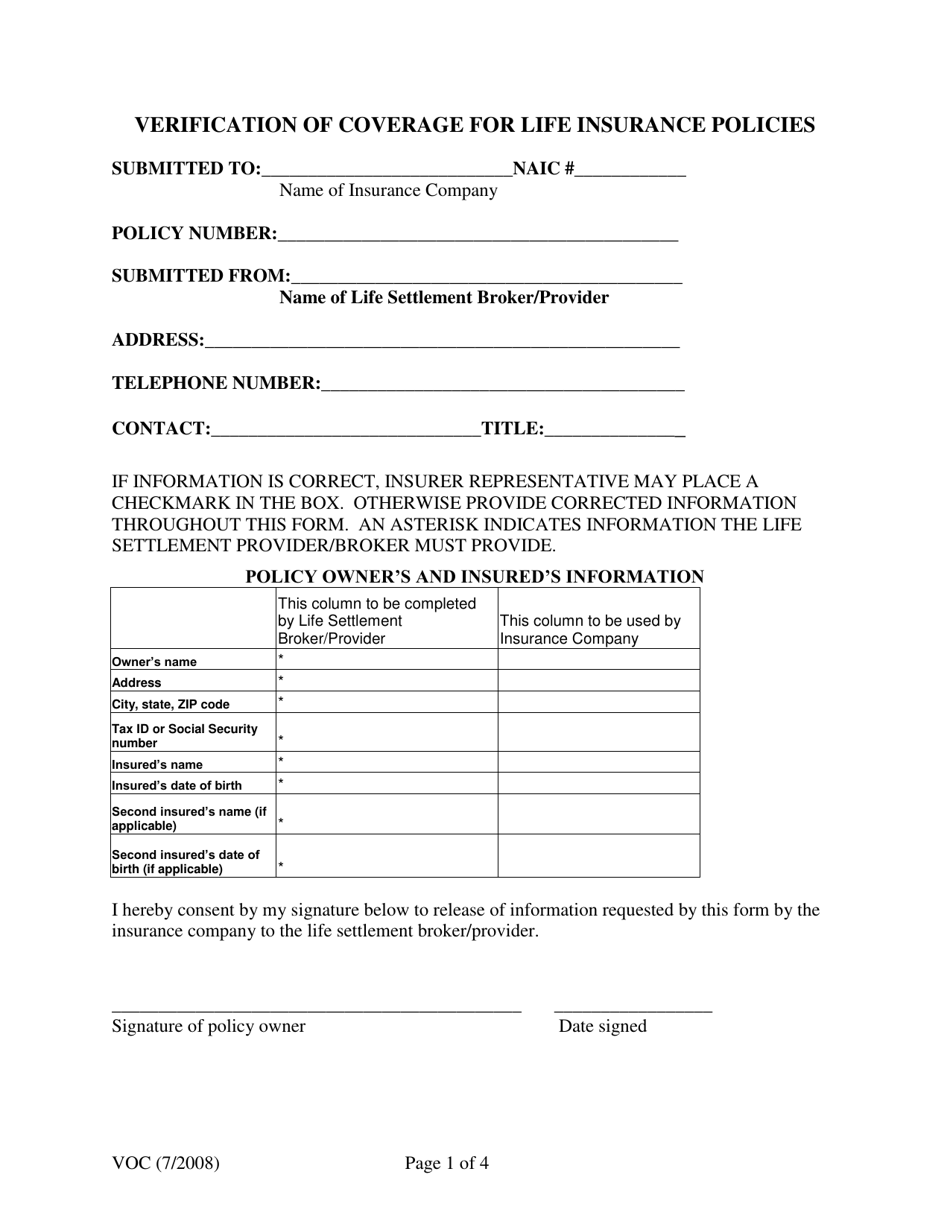 Form VOC Verification of Coverage for Life Insurance Policies - Kentucky, Page 1
