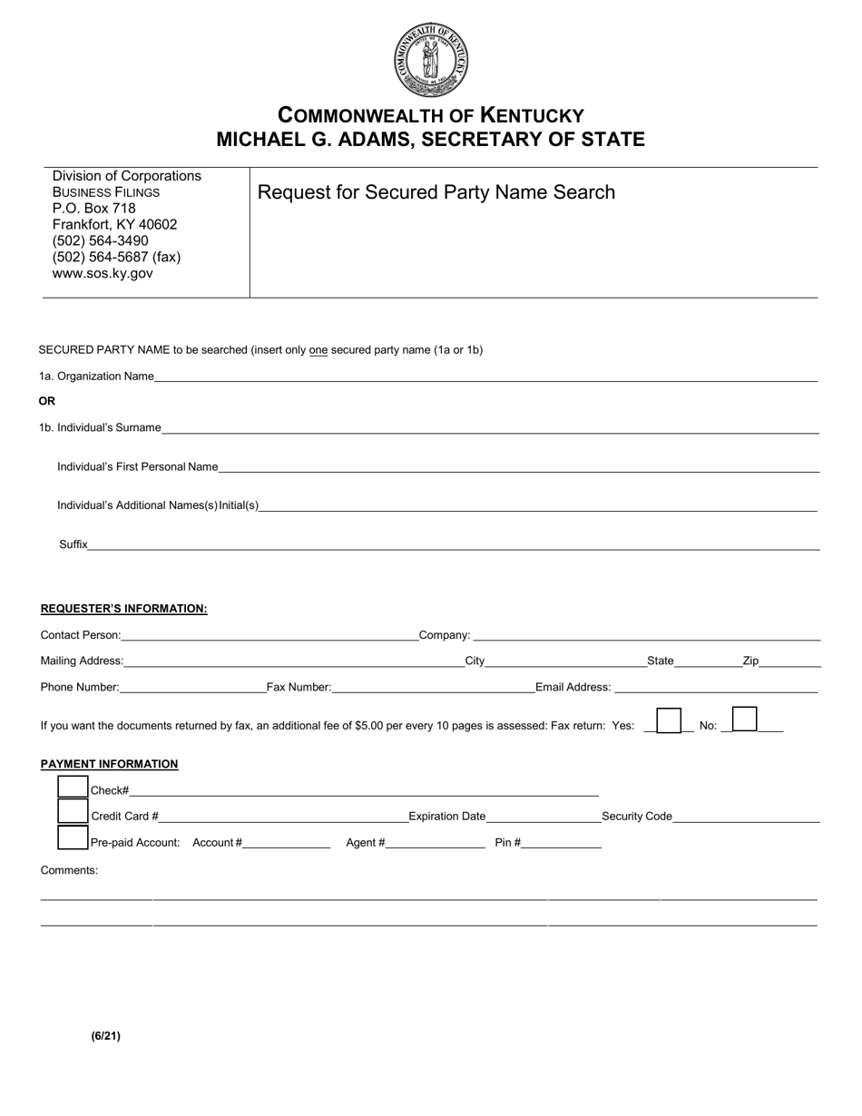 Request for Secured Party Name Search - Kentucky, Page 1