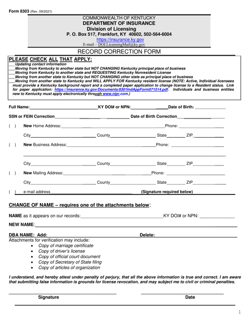 Form 8303 Record Correction Form - Kentucky
