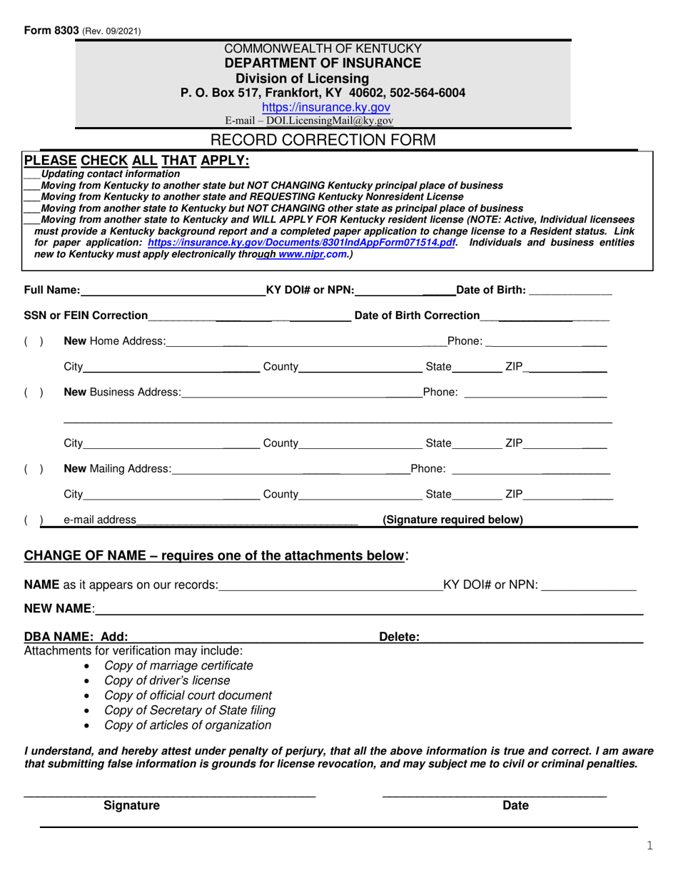 Form 8303 Record Correction Form - Kentucky, Page 1
