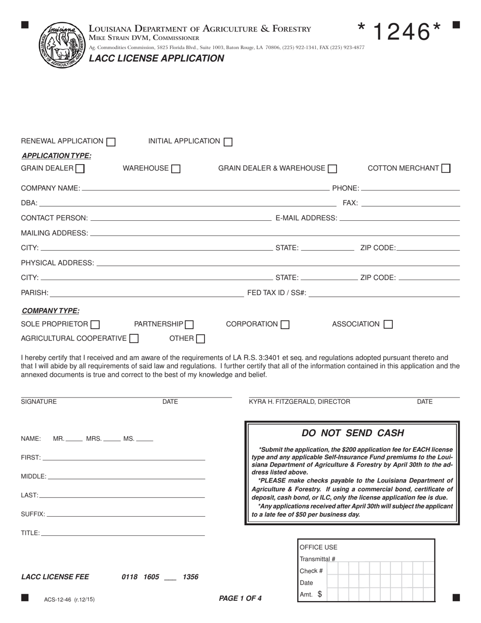 Form ACS-12-46 Lacc License Application - Louisiana, Page 1