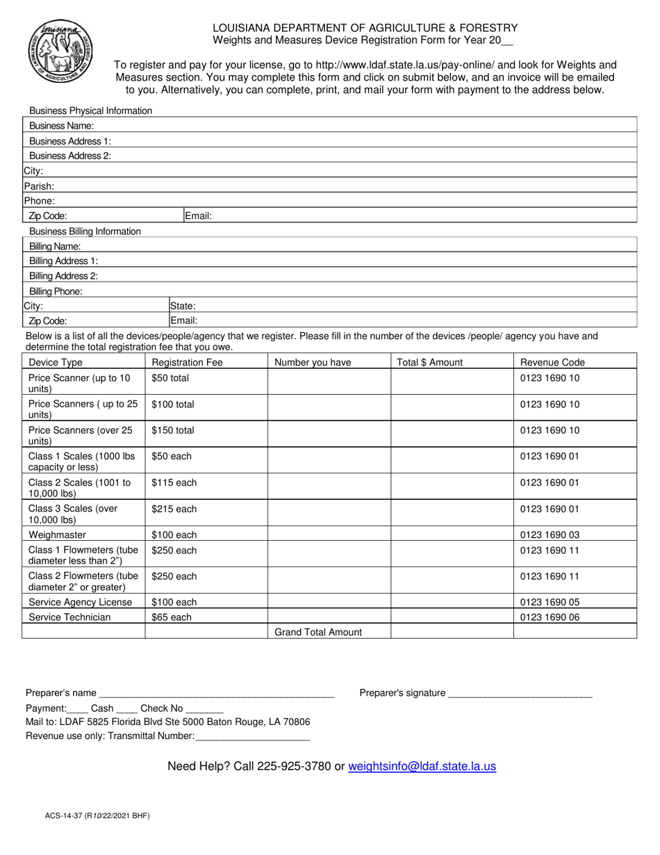 Form ACS-14-37 Weights and Measures Device Registration Form - Louisiana, Page 1