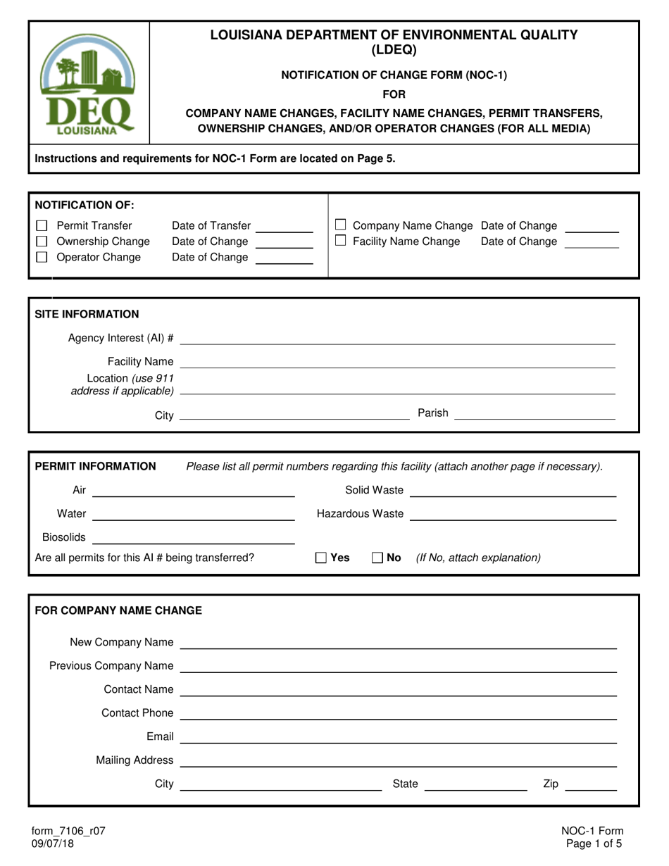 Form NOC-1 (7106) Notification of Change Form for Company Name Changes, Facility Name Changes, Permit Transfers, Ownership Changes, and / or Operator Changes (For All Media) - Louisiana, Page 1