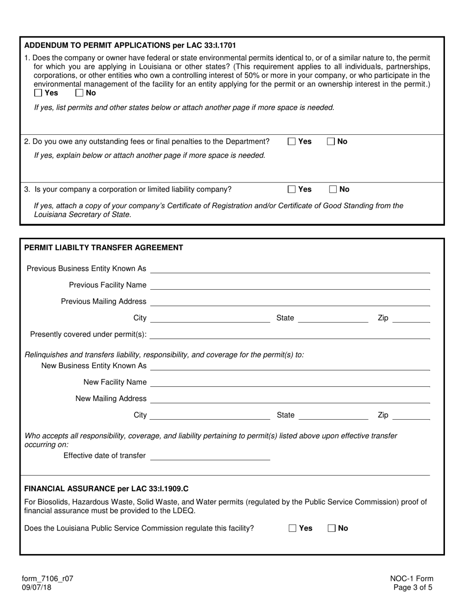 Form NOC-1 (7106) Notification of Change Form for Company Name Changes, Facility Name Changes, Permit Transfers, Ownership Changes, and / or Operator Changes (For All Media) - Louisiana, Page 3
