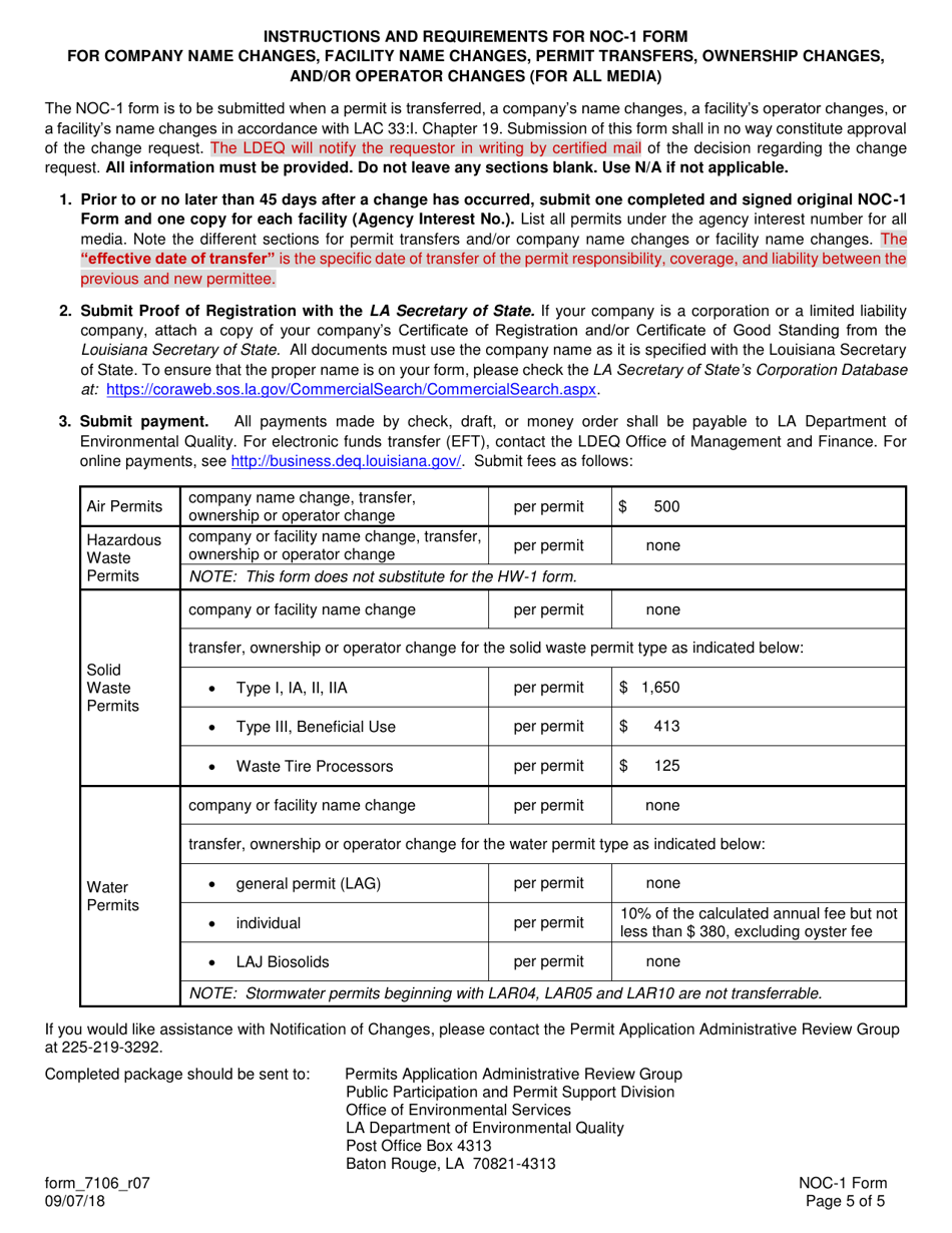 Form NOC-1 (7106) Notification of Change Form for Company Name Changes, Facility Name Changes, Permit Transfers, Ownership Changes, and / or Operator Changes (For All Media) - Louisiana, Page 5