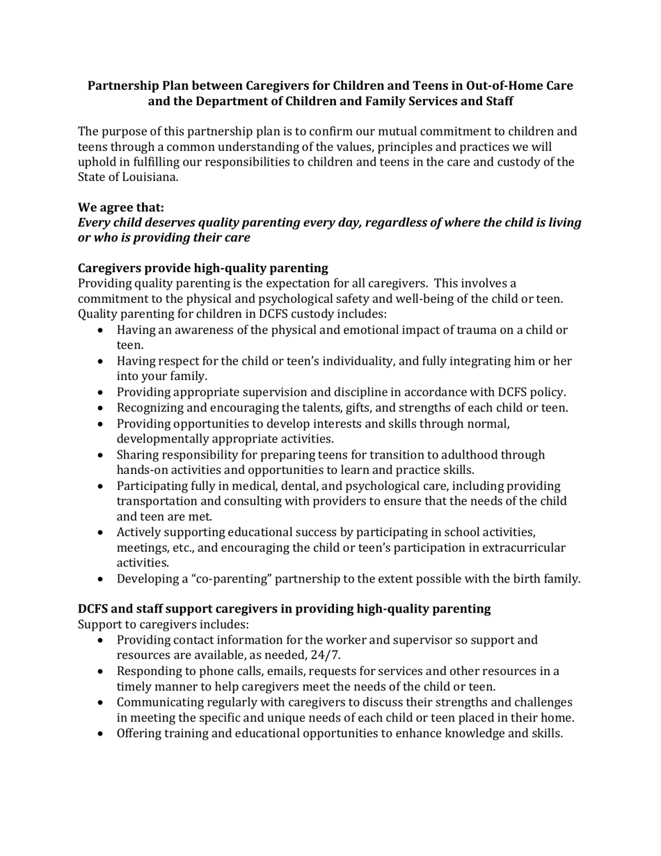 Partnership Plan Between Caregivers for Children and Teens in out-Of-Home Care and the Department of Children and Family Services and Staff - Louisiana, Page 1