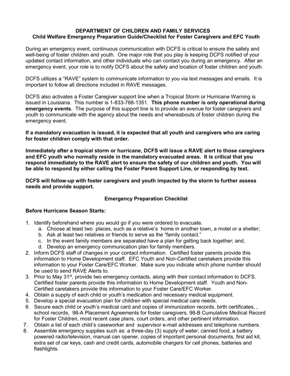 Child Welfare Emergency Preparation Guide / Checklist for Foster Caregivers and Efc Youth - Louisiana, Page 1