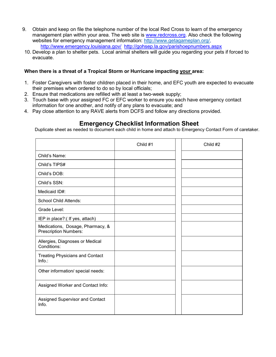Child Welfare Emergency Preparation Guide / Checklist for Foster Caregivers and Efc Youth - Louisiana, Page 2