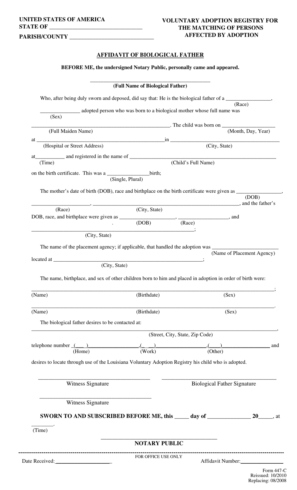 Form 447-C Affidavit of Biological Father - Louisiana, Page 1