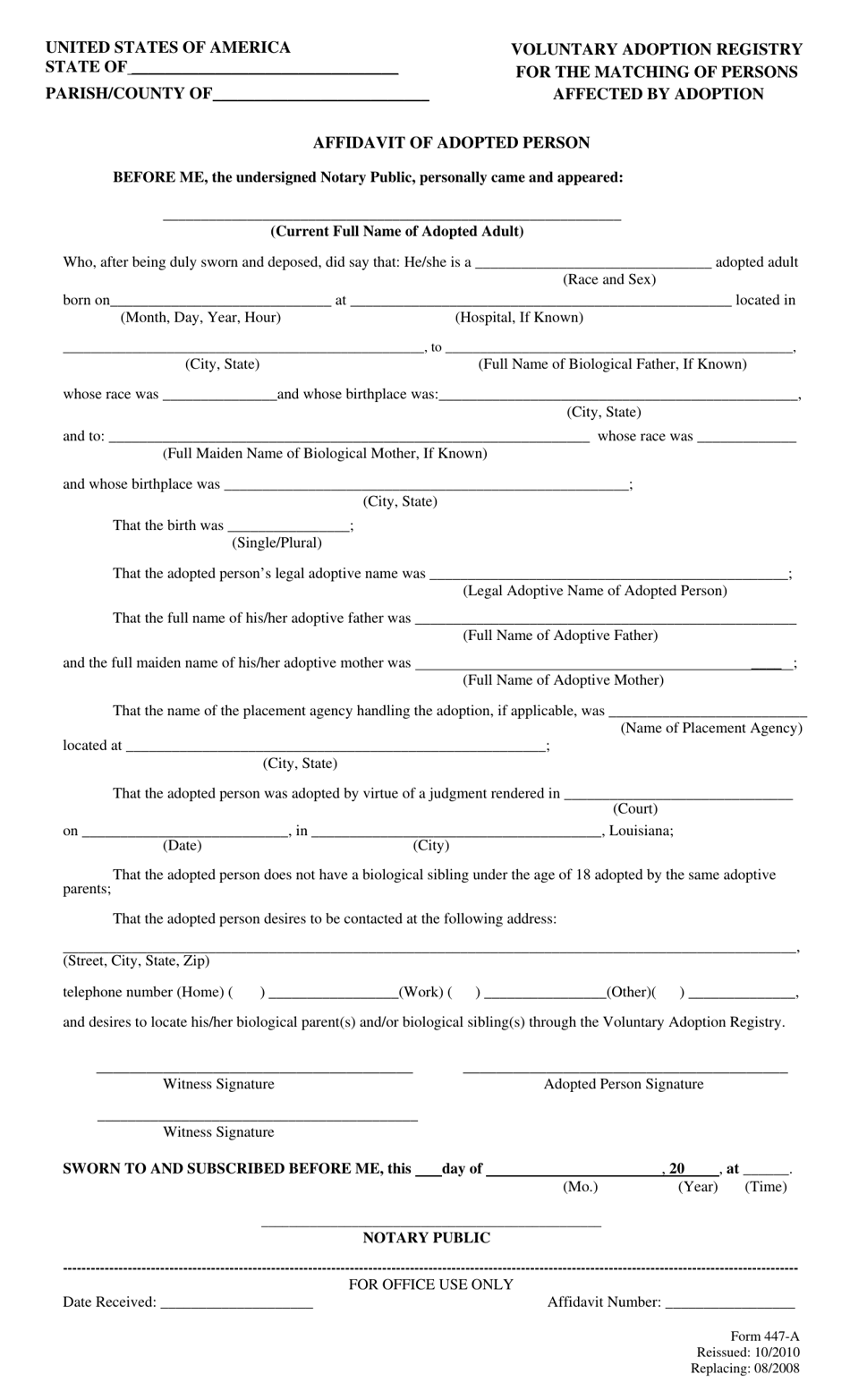Form 447-A Affidavit of Adopted Person - Louisiana, Page 1