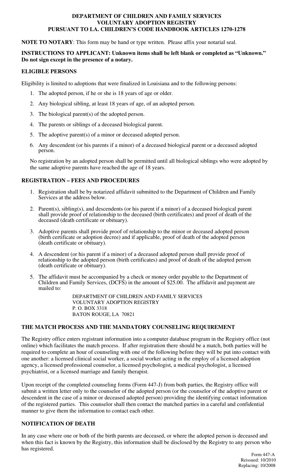 Form 447-A Affidavit of Adopted Person - Louisiana, Page 2