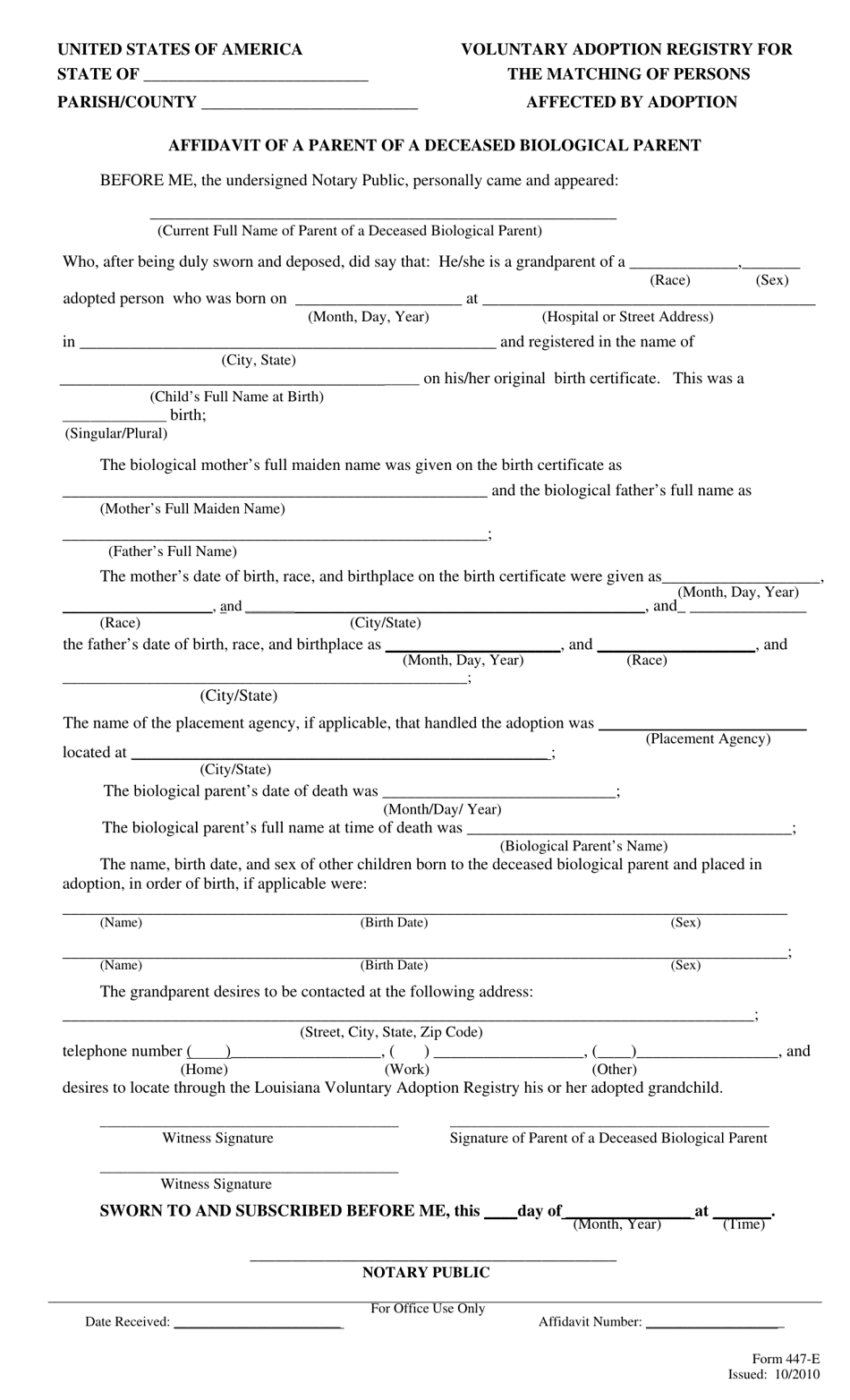 Form 447-E Affidavit of a Parent of a Deceased Biological Parent - Louisiana, Page 1
