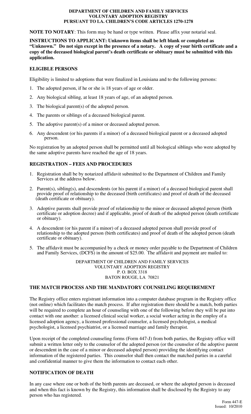 Form 447-E Affidavit of a Parent of a Deceased Biological Parent - Louisiana, Page 2