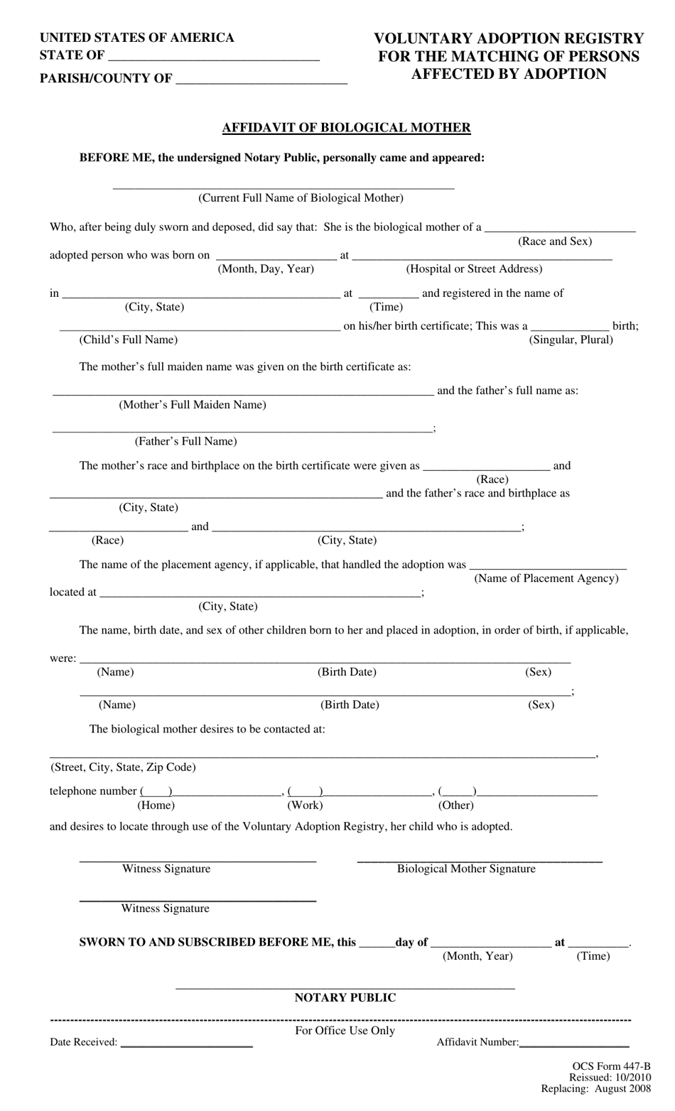 Form 447-B Affidavit of Biological Mother - Louisiana, Page 1