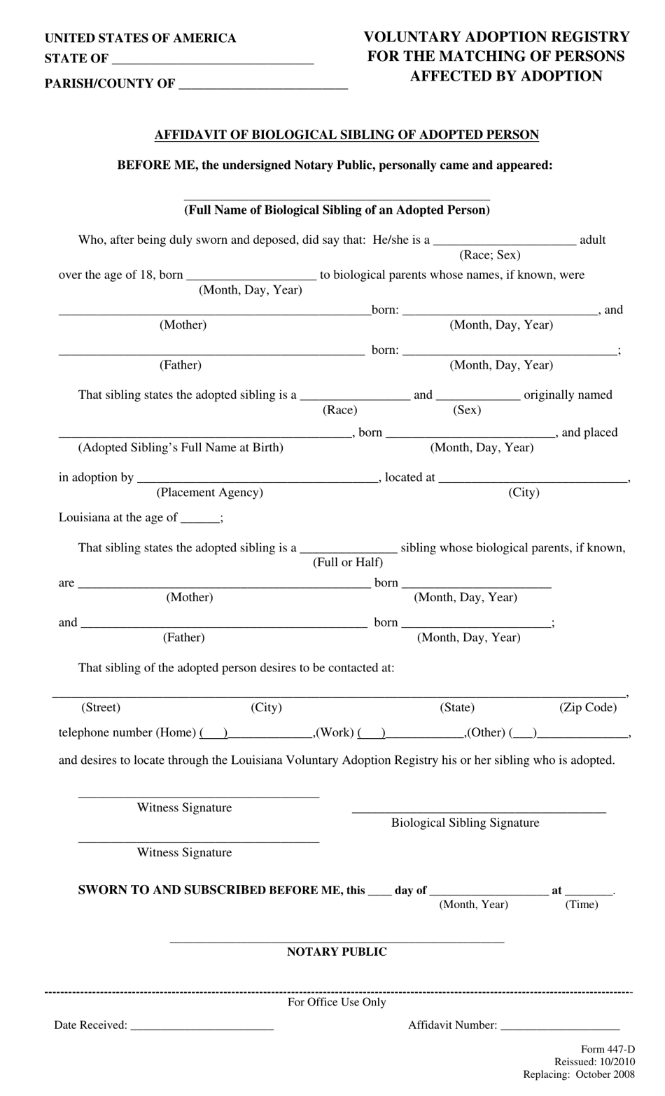 Form 447-D Affidavit of Biological Sibling of Adopted Person - Louisiana, Page 1