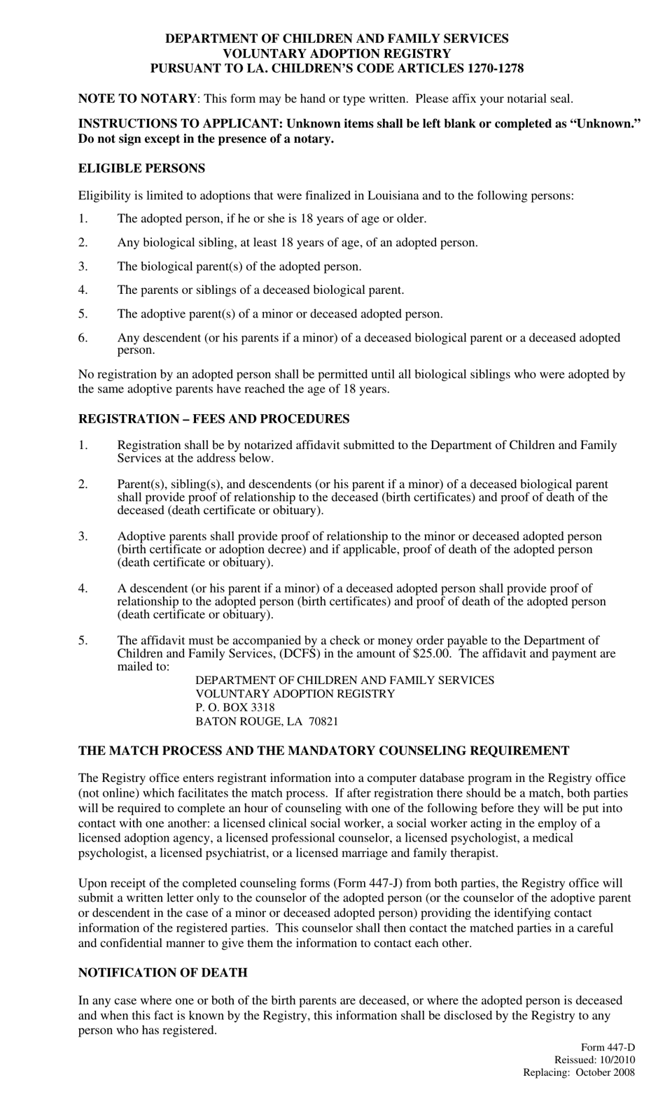 Form 447-D Affidavit of Biological Sibling of Adopted Person - Louisiana, Page 2