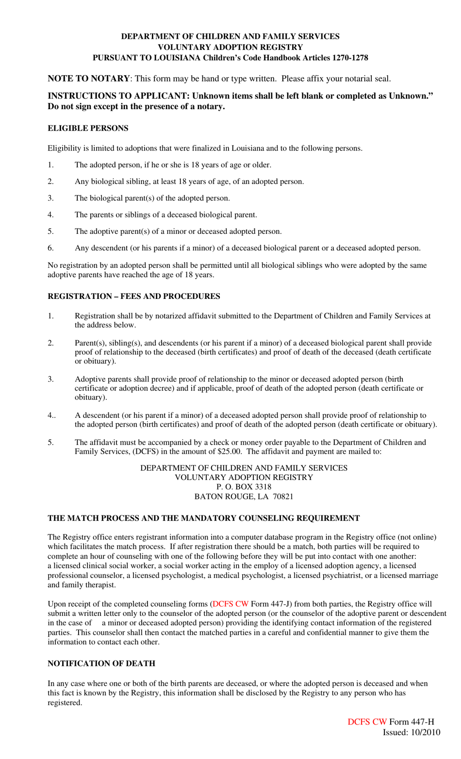 Form 447-H Affidavit of a Descendent (Or His Parent if a Minor) of a Deceased Adopted Person - Louisiana, Page 2
