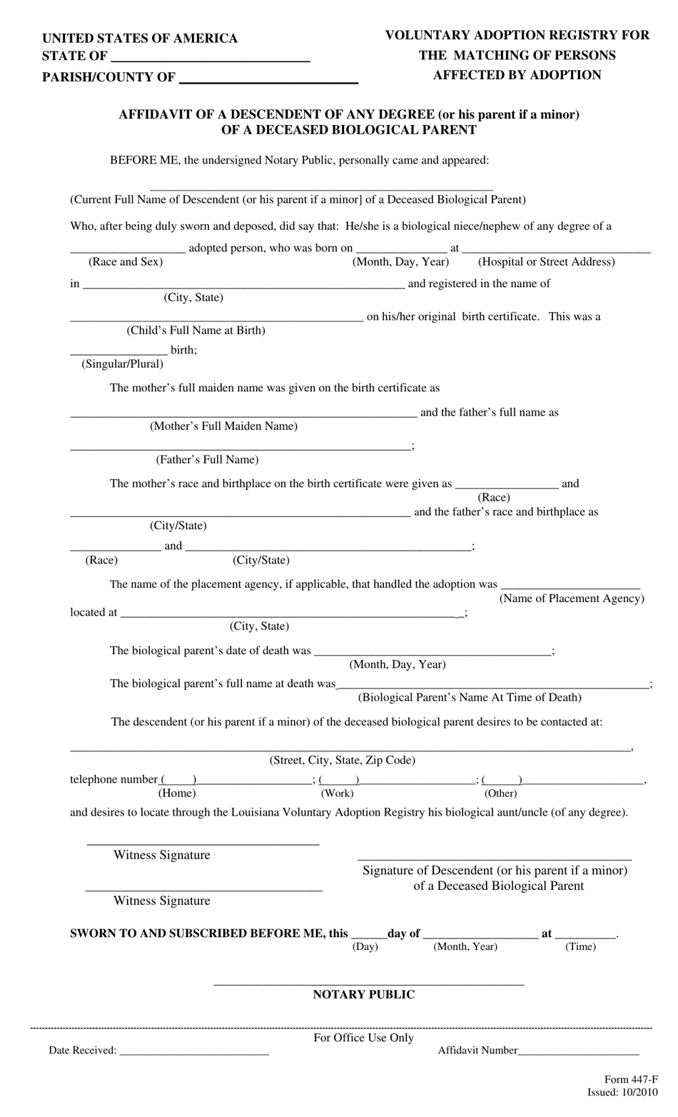 Form 447-F Affidavit of a Descendent of Any Degree (Or His Parent if a Minor) of a Deceased Biological Parent - Louisiana, Page 1