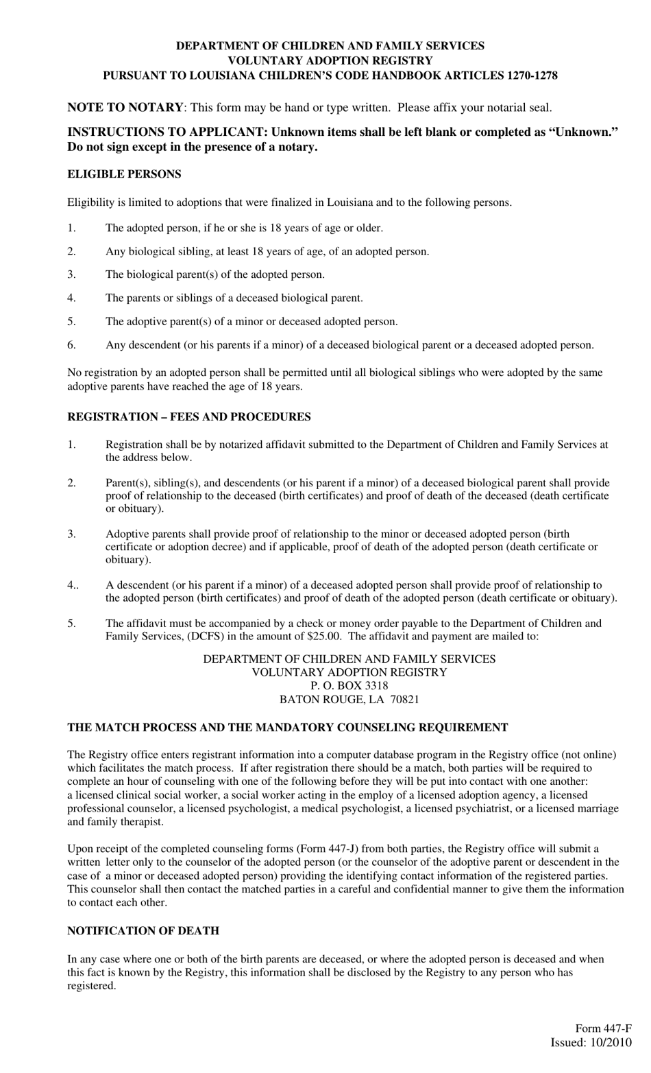 Form 447-F Affidavit of a Descendent of Any Degree (Or His Parent if a Minor) of a Deceased Biological Parent - Louisiana, Page 2