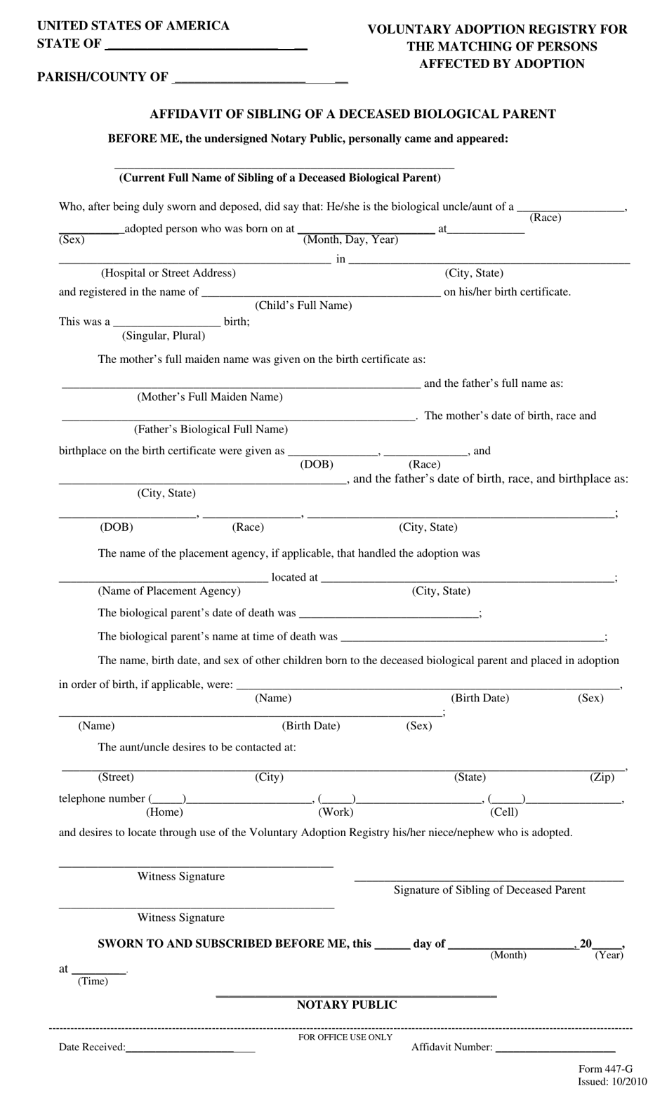 Form 447-G Affidavit of Sibling of a Deceased Biological Parent - Louisiana, Page 1