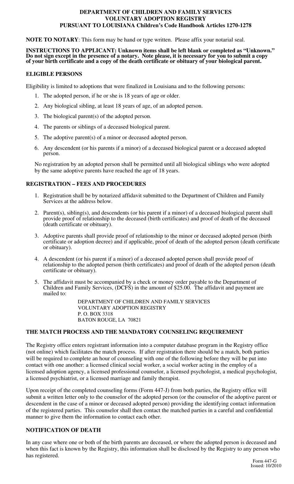 Form 447-G Affidavit of Sibling of a Deceased Biological Parent - Louisiana, Page 2